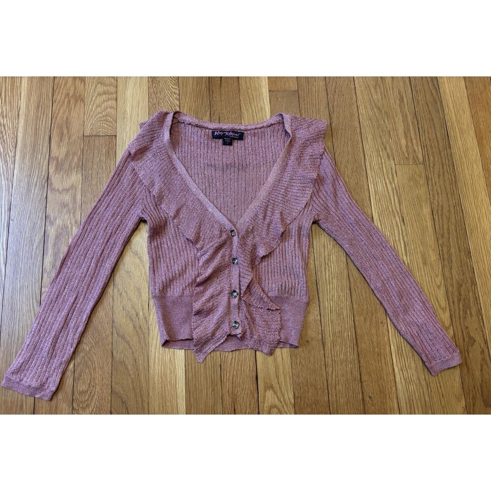 VTG Y2K Betsey Johnson Pink Metallic Shimmer Cardigan Sweater Cropped S Ruffle